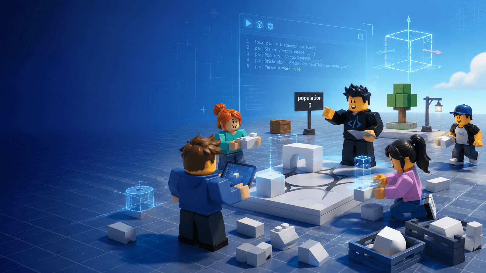 Students learning Roblox building and coding